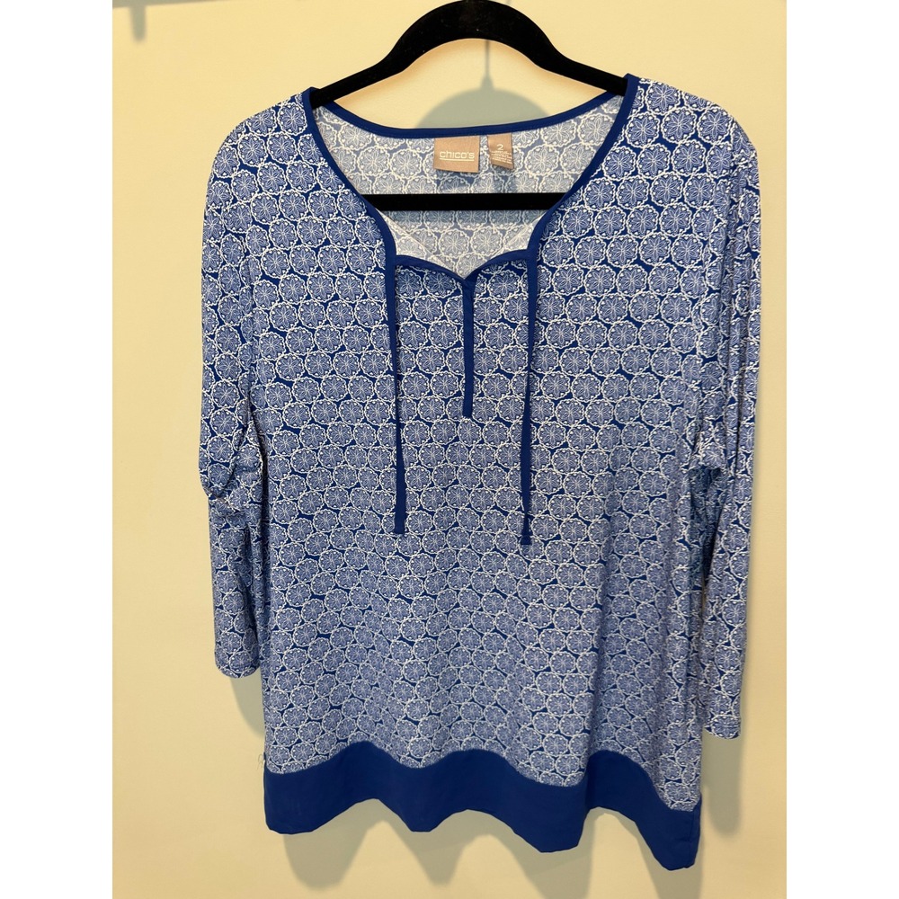 Chicos Size 2‎ Blue & White Floral 3/4 Sleeve Tunic Top Blouse
